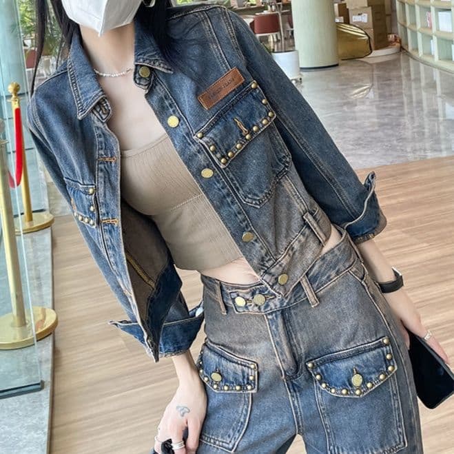 デニムセットアップ ヴィンテージ風ショートジャケット×ストレートワイドパンツ 欧風垢抜け 大人カジュアル2点セット