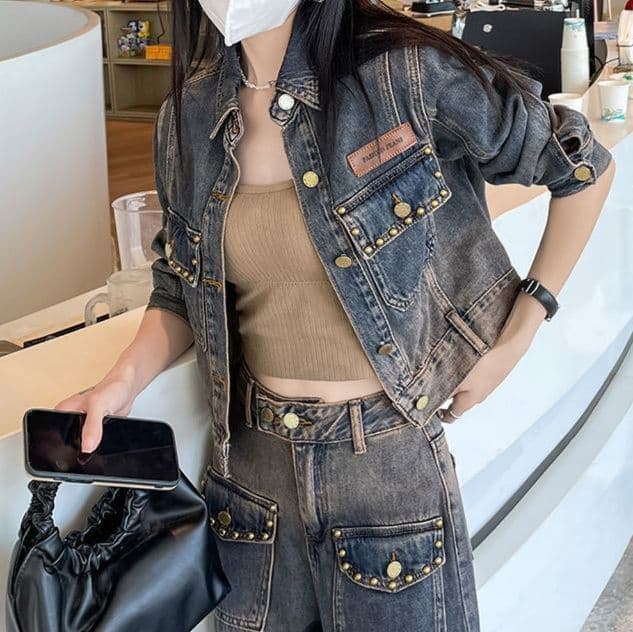 デニムセットアップ ヴィンテージ風ショートジャケット×ストレートワイドパンツ 欧風垢抜け 大人カジュアル2点セット