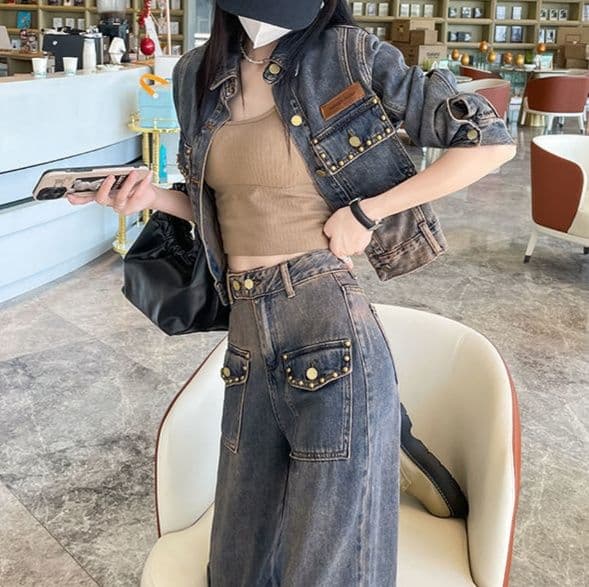 デニムセットアップ ヴィンテージ風ショートジャケット×ストレートワイドパンツ 欧風垢抜け 大人カジュアル2点セット
