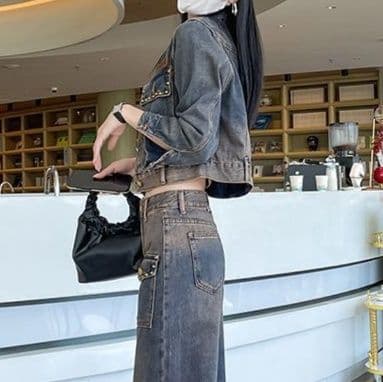 デニムセットアップ ヴィンテージ風ショートジャケット×ストレートワイドパンツ 欧風垢抜け 大人カジュアル2点セット