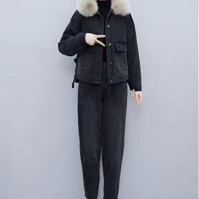 ファー付き裏起毛デニムジャケット&ストレートパンツ 冬向け あったかワークテイストセットアップ(上下別売り)
