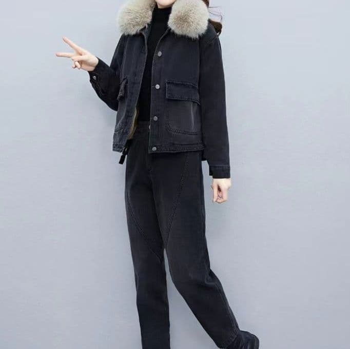 ファー付き裏起毛デニムジャケット&ストレートパンツ 冬向け あったかワークテイストセットアップ(上下別売り)