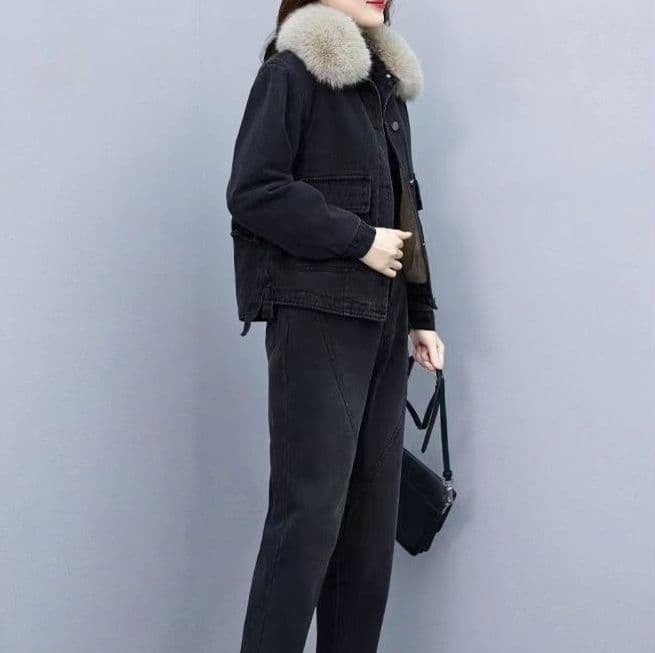 ファー付き裏起毛デニムジャケット&ストレートパンツ 冬向け あったかワークテイストセットアップ(上下別売り)
