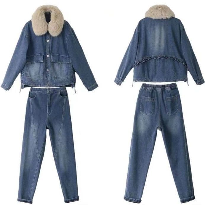 ファー付き裏起毛デニムジャケット&ストレートパンツ 冬向け あったかワークテイストセットアップ(上下別売り)