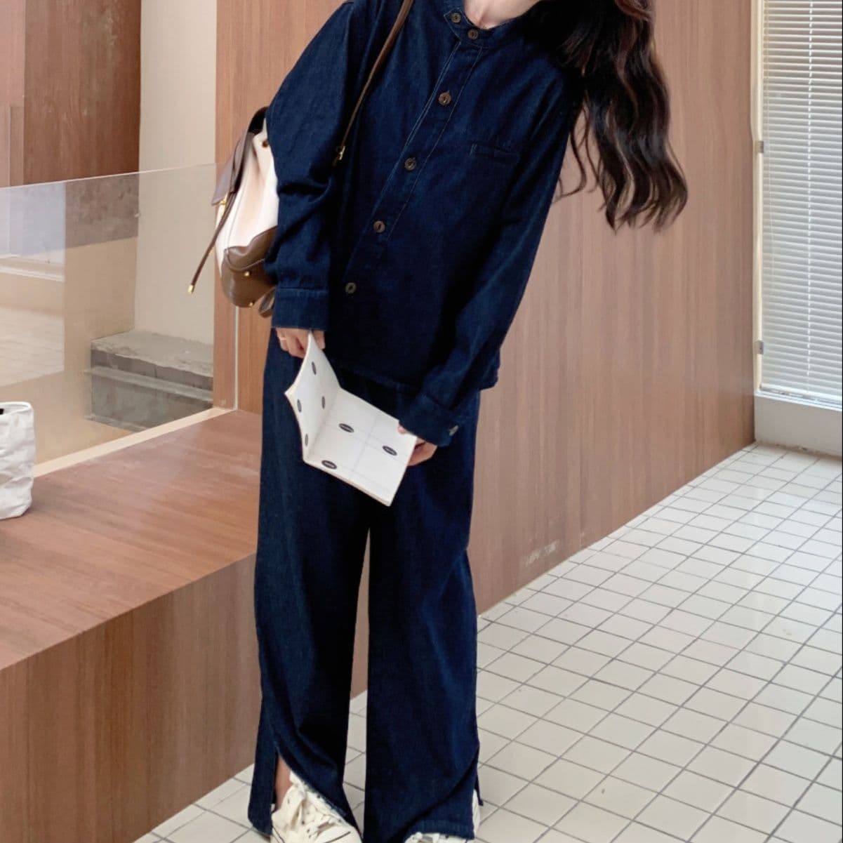 デニムセットアップ ノーカラージャケット&ハイウエストワイドパンツ 塩系ゆるカジュアルセット