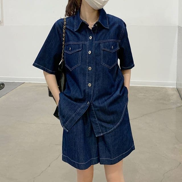 デニムセットアップ ヴィンテージ風薄手半袖シャツ&ワイドショートパンツ 夏のきれいめゆるかわ上下セット