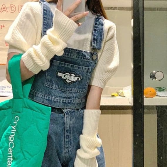 サロペ風デニムビスチェ・ワイドストレートパンツ ゆったり可愛い レトロカジュアルセットアップ