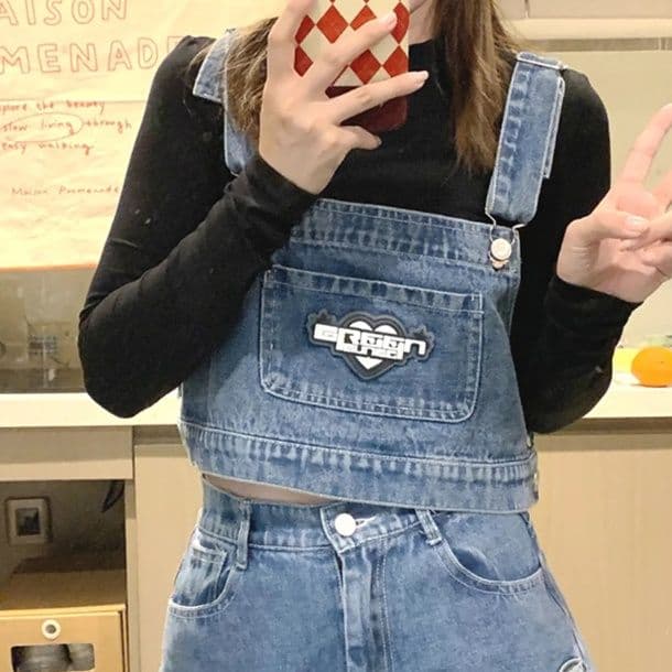 サロペ風デニムビスチェ・ワイドストレートパンツ ゆったり可愛い レトロカジュアルセットアップ