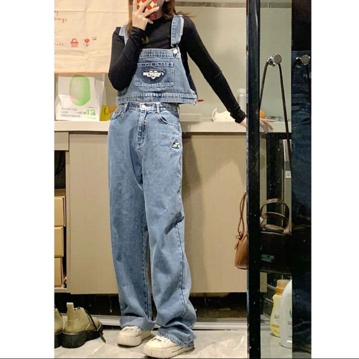 サロペ風デニムビスチェ・ワイドストレートパンツ ゆったり可愛い レトロカジュアルセットアップ
