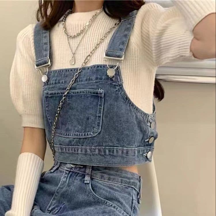 デニムセットアップ サロペ風ビスチェ・ハイウエストストレートパンツ ゆるかわこなれ感2点セット