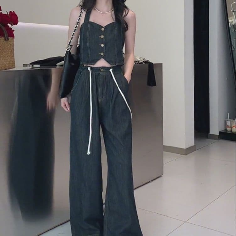 デニムセットアップ ボタンデザインビスチェトップス&ワイドストレートパンツ レトロ細見え きれいめカジュアル2点セット