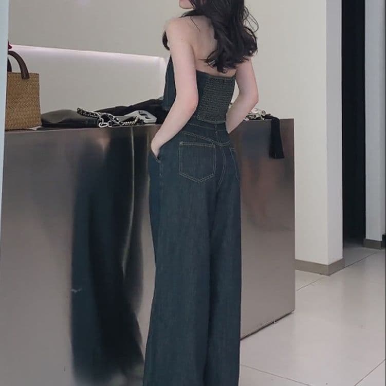 デニムセットアップ ボタンデザインビスチェトップス&ワイドストレートパンツ レトロ細見え きれいめカジュアル2点セット