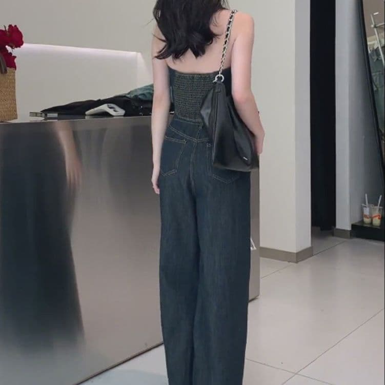 デニムセットアップ ボタンデザインビスチェトップス&ワイドストレートパンツ レトロ細見え きれいめカジュアル2点セット