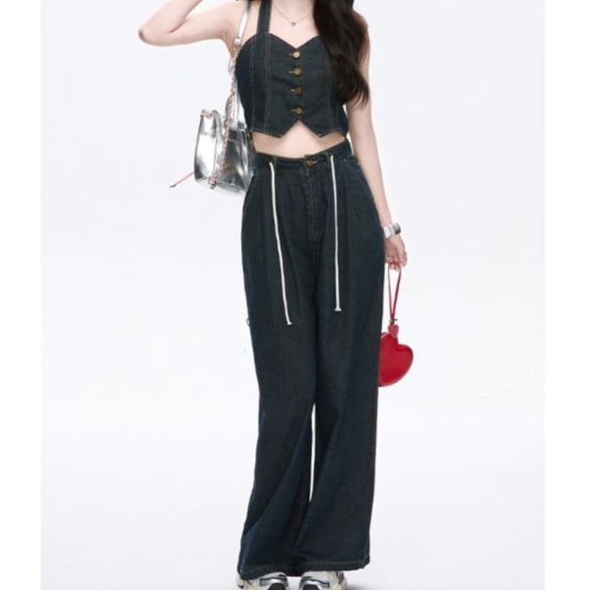 デニムセットアップ ホルターネックビスチェトップス×ハイウエストワイドパンツ 大人可愛い レトロカジュアル2点セット