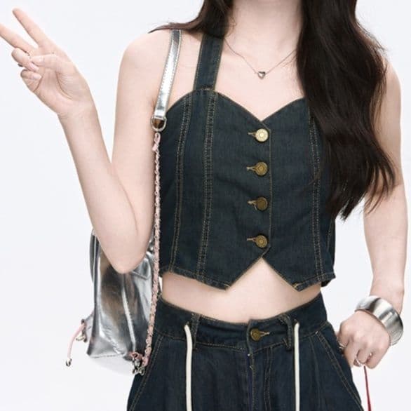 デニムセットアップ ホルターネックビスチェトップス×ハイウエストワイドパンツ 大人可愛い レトロカジュアル2点セット