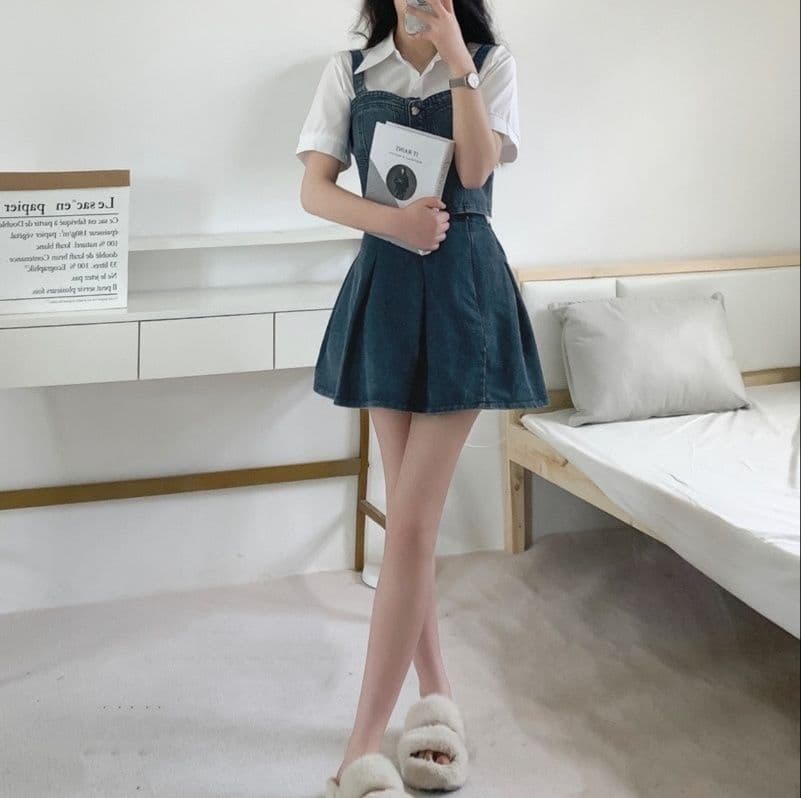 デニムセットアップ フロントボタンキャミトップス&プリーツミニスカート 華奢見えレトロガーリー2点セット