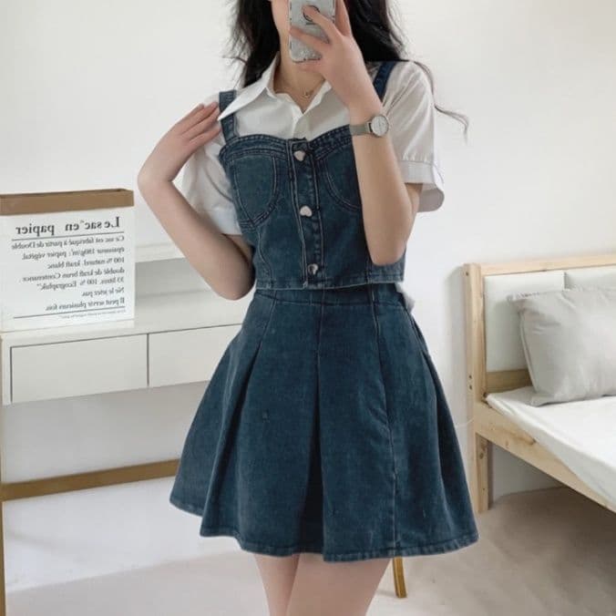 デニムセットアップ フロントボタンキャミトップス&プリーツミニスカート 華奢見えレトロガーリー2点セット