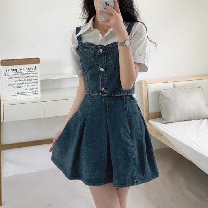 デニムセットアップ フロントボタンキャミトップス&プリーツミニスカート 華奢見えレトロガーリー2点セット