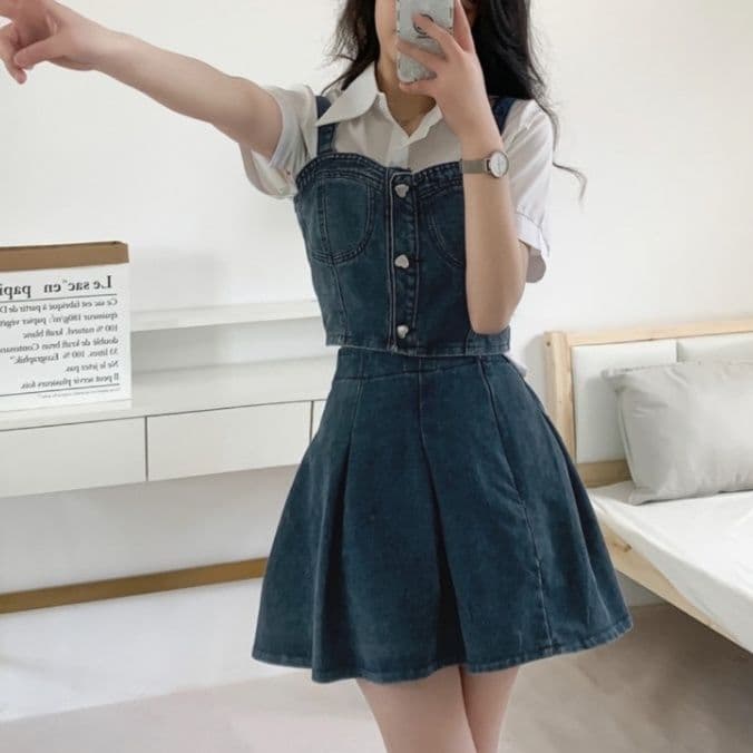 デニムセットアップ フロントボタンキャミトップス&プリーツミニスカート 華奢見えレトロガーリー2点セット