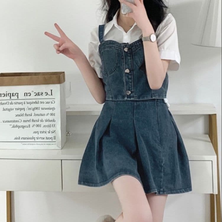 デニムセットアップ フロントボタンキャミトップス&プリーツミニスカート 華奢見えレトロガーリー2点セット