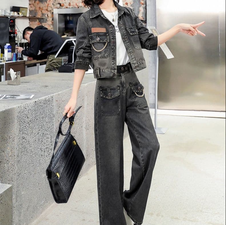 ヴィンテージ風デニムショートジャケット×ストレートパンツ 垢抜けカジュアル 香港風細見えセットアップ