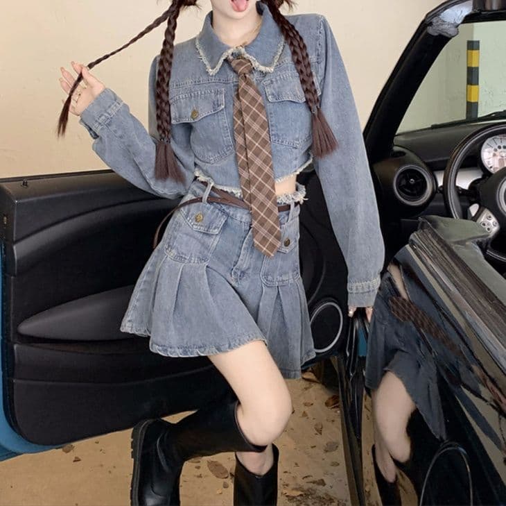 デニムセットアップ カットオフクロップド丈ジャケット&ハイウエストプリーツミニスカート 学生風甘辛MIX2点セット