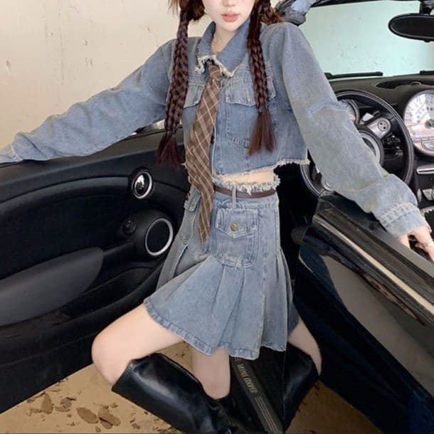 デニムセットアップ カットオフクロップド丈ジャケット&ハイウエストプリーツミニスカート 学生風甘辛MIX2点セット