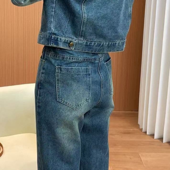 ヴィンテージ風クラシカルデニムショートジャケット&ワイドパンツ 万能細見え 大人カジュアルセットアップ