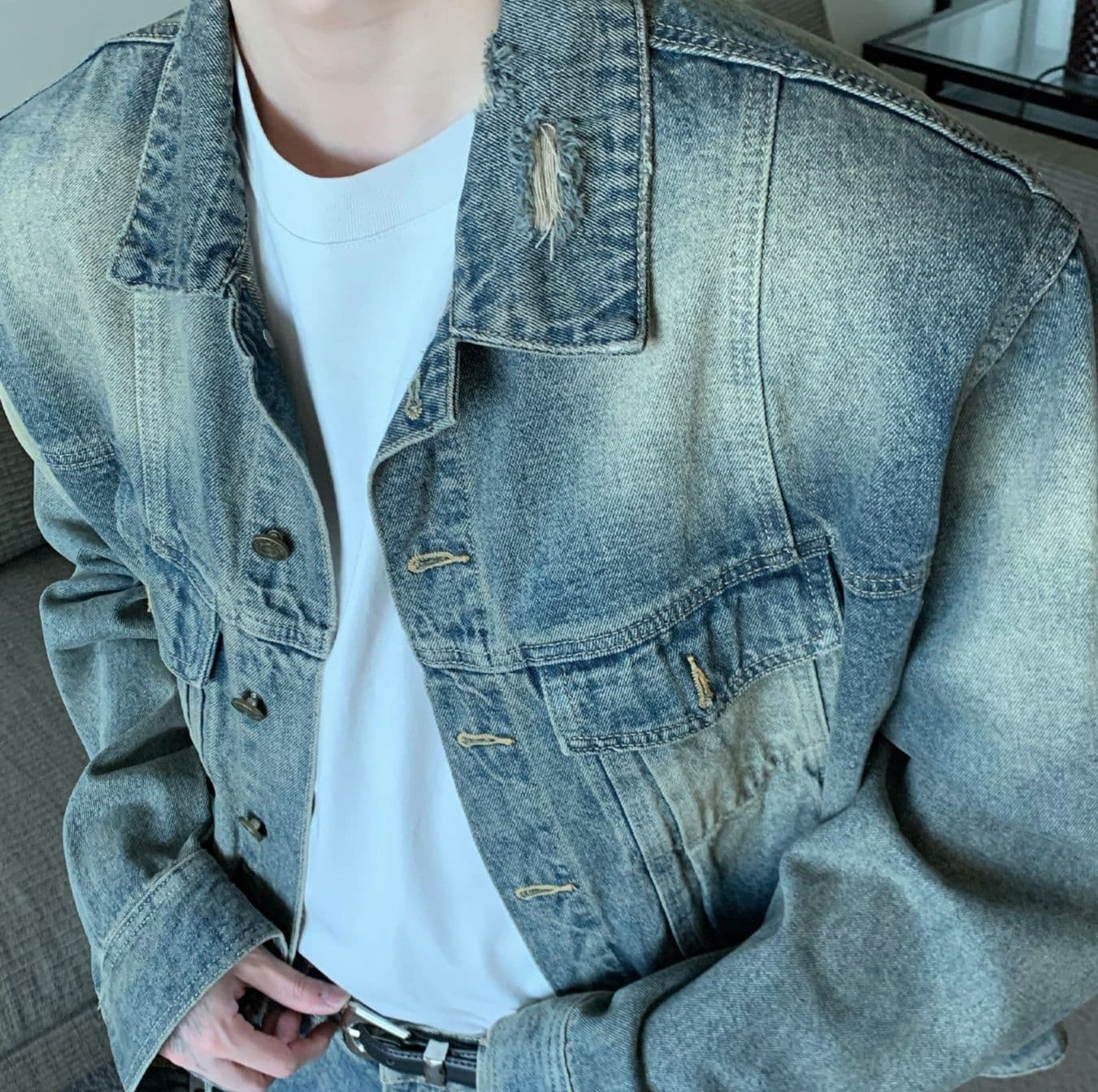 ウォッシュ加工オーバーサイズジャケット×ワイドストレートパンツ メンズ向け ユーズド風個性派セットアップ(上下別売り)