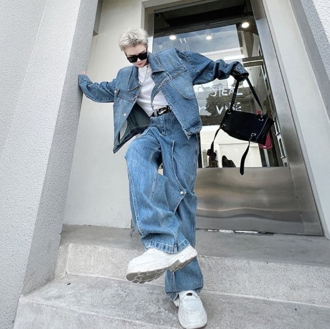 デニムセットアップ オーバーサイズジャケット・ワイドパンツ ゆったりシルエット2点セット