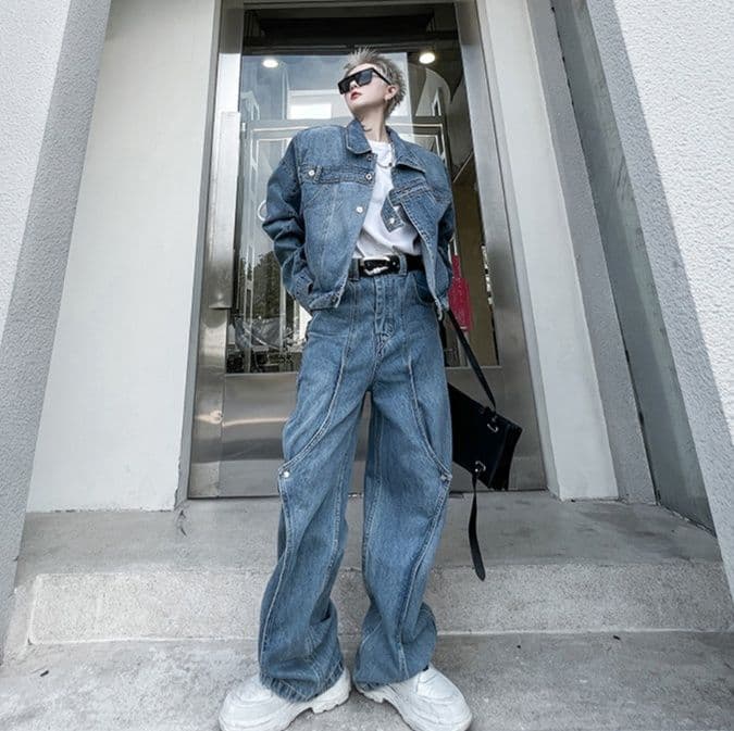 デニムセットアップ オーバーサイズジャケット・ワイドパンツ ゆったりシルエット2点セット