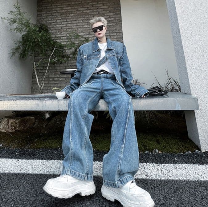 デニムセットアップ オーバーサイズジャケット・ワイドパンツ ゆったりシルエット2点セット