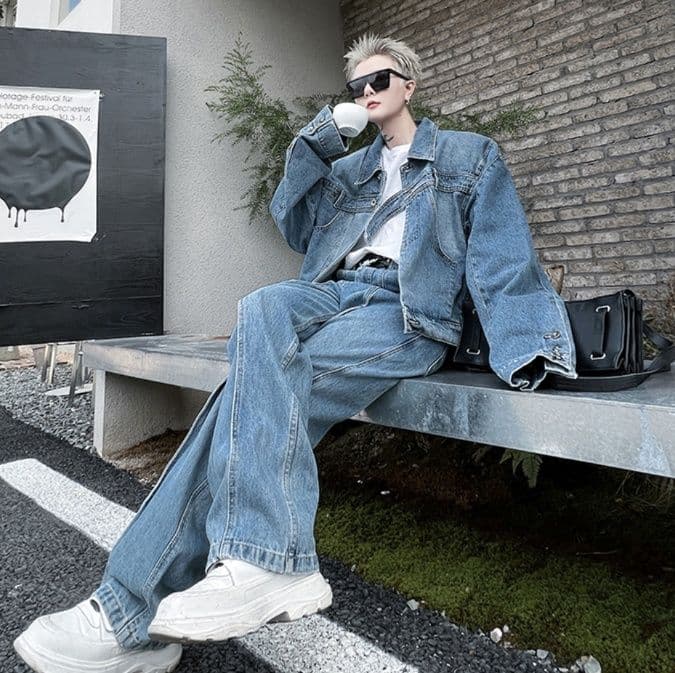 デニムセットアップ オーバーサイズジャケット・ワイドパンツ ゆったりシルエット2点セット