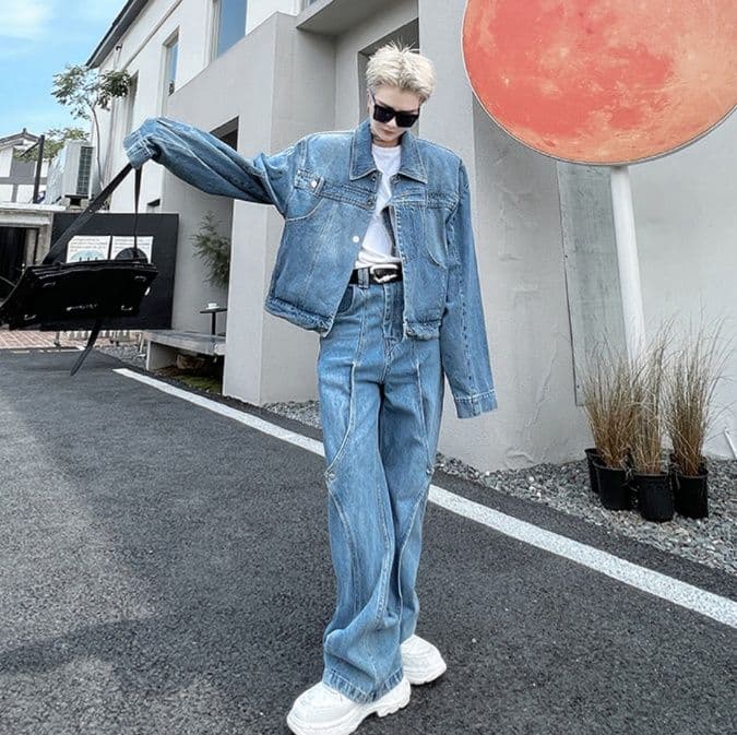 デニムセットアップ オーバーサイズジャケット・ワイドパンツ ゆったりシルエット2点セット