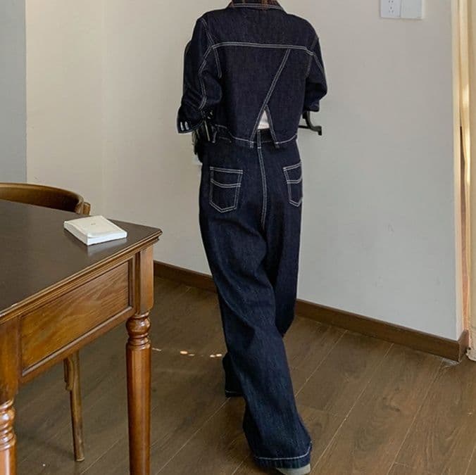 デニムセットアップ 白ステッチショートジャケット×ワイドパンツ 上品高見え 塩系レトロ2点セット