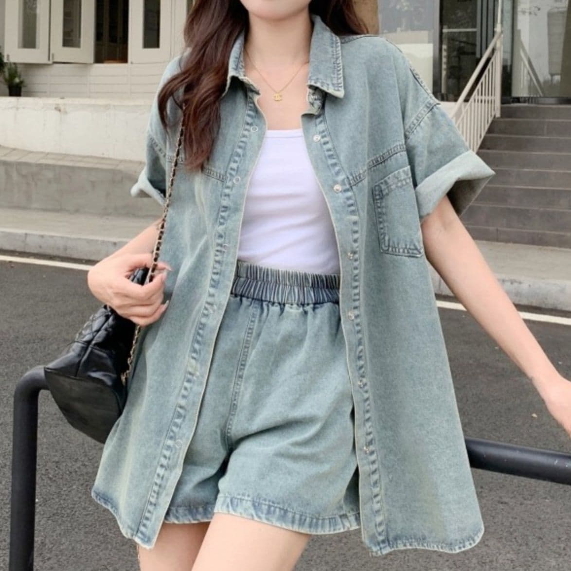 デニムセットアップ ウォッシュ加工半袖シャツ・ショートパンツ 夏のゆったりカジュアルツーピースセット