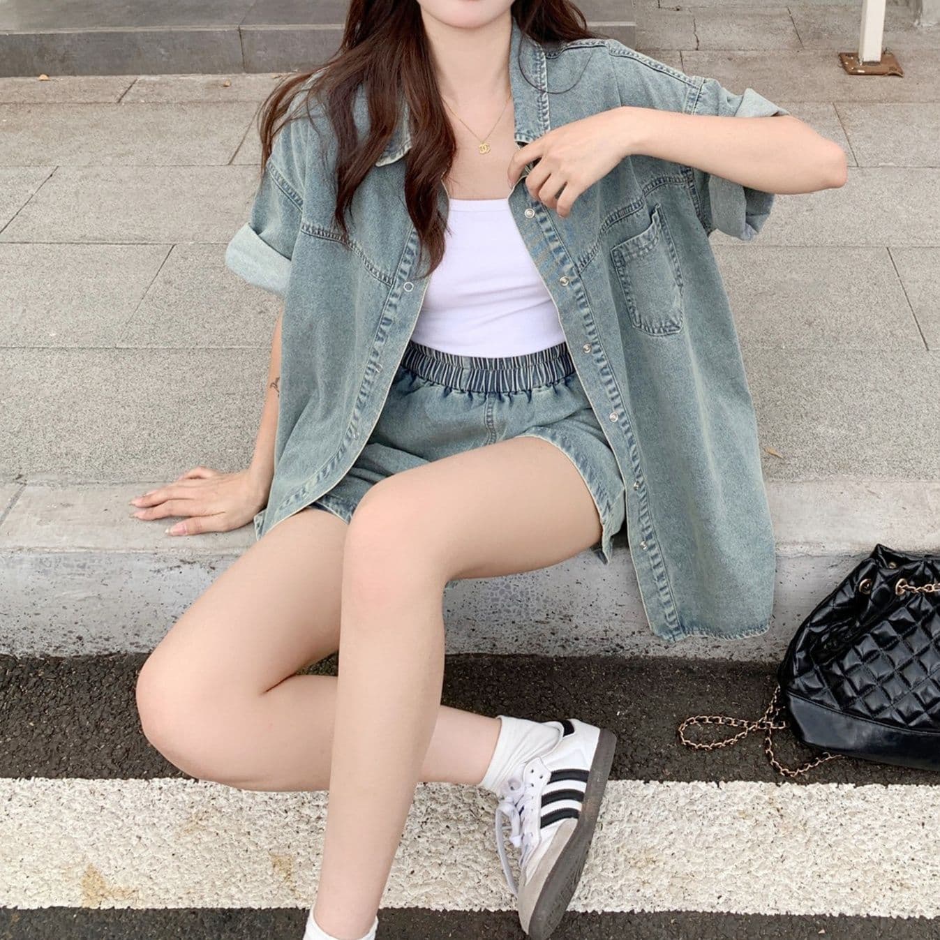 デニムセットアップ ウォッシュ加工半袖シャツ・ショートパンツ 夏のゆったりカジュアルツーピースセット