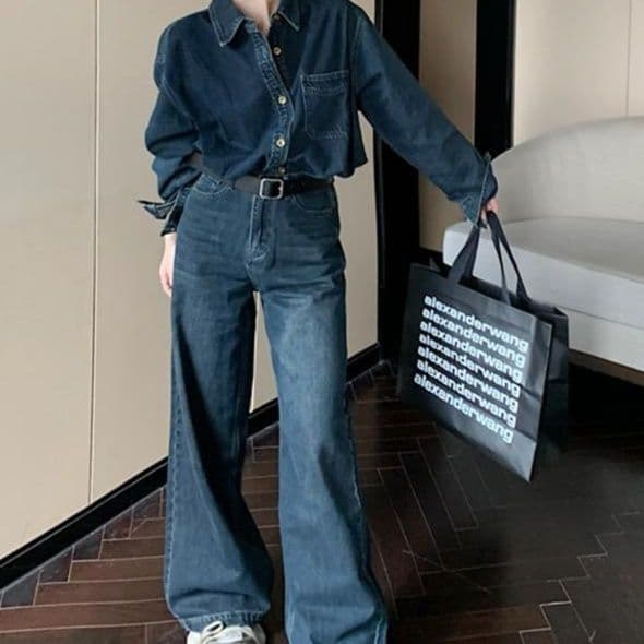 デニムセットアップ クラシカル長袖シャツ&ハイウエストワイドパンツ レトロ可愛い ゆったり細見え上下セット