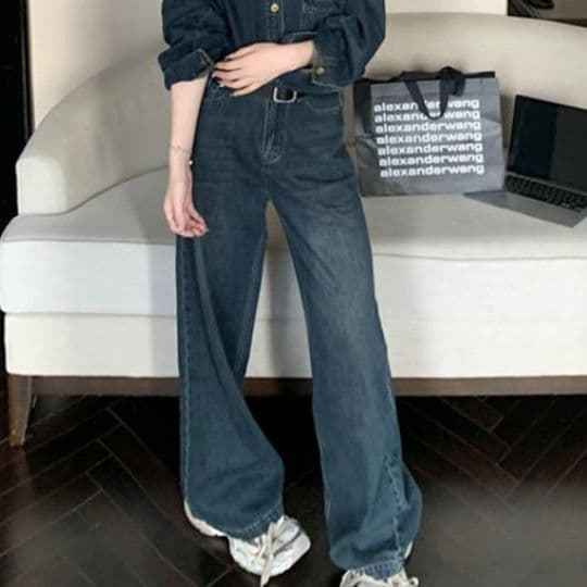 デニムセットアップ クラシカル長袖シャツ&ハイウエストワイドパンツ レトロ可愛い ゆったり細見え上下セット