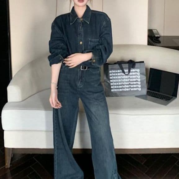デニムセットアップ クラシカル長袖シャツ&ハイウエストワイドパンツ レトロ可愛い ゆったり細見え上下セット