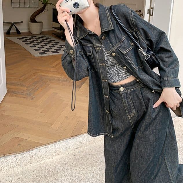 デニムセットアップ オーバーサイズシャツジャケット&ハイウエストワイドパンツ こなれ感のあるレトロ香港風2点セット