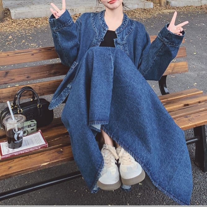 オーバーサイズノーカラーデニムジャケット・フレアミディスカート ゆる可愛いモダンチャイナセットアップ