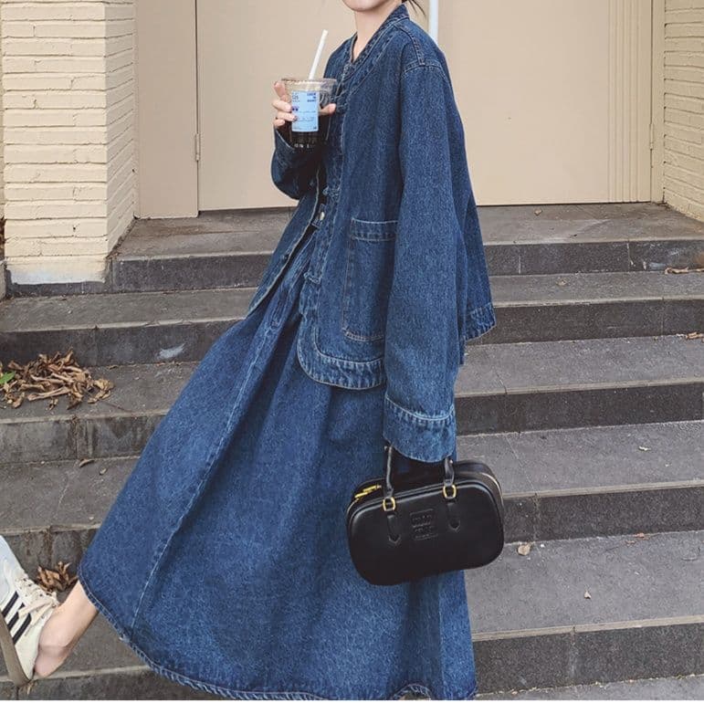 オーバーサイズノーカラーデニムジャケット・フレアミディスカート ゆる可愛いモダンチャイナセットアップ