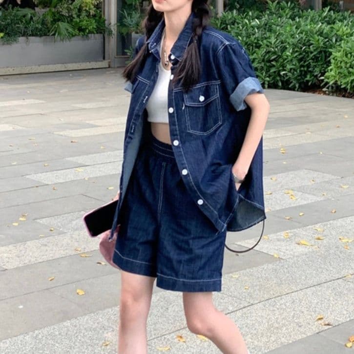 デニムセットアップ ゆったり半袖シャツ・ショートパンツ 夏映えきれいめカジュアル上下セット