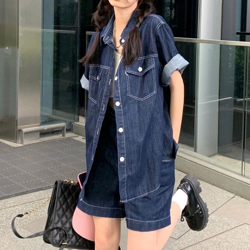 デニムセットアップ ゆったり半袖シャツ・ショートパンツ 夏映えきれいめカジュアル上下セット
