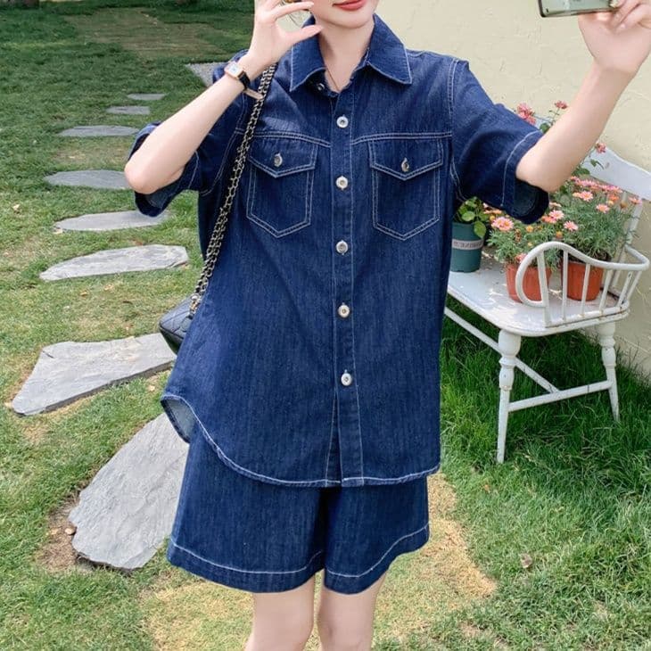 デニムセットアップ ネイビー半袖シャツ&ショートパンツ 小柄さん向け 大人可愛いゆったり夏向け上下セット