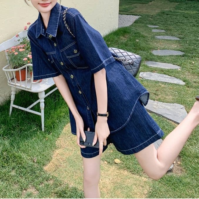デニムセットアップ ネイビー半袖シャツ&ショートパンツ 小柄さん向け 大人可愛いゆったり夏向け上下セット