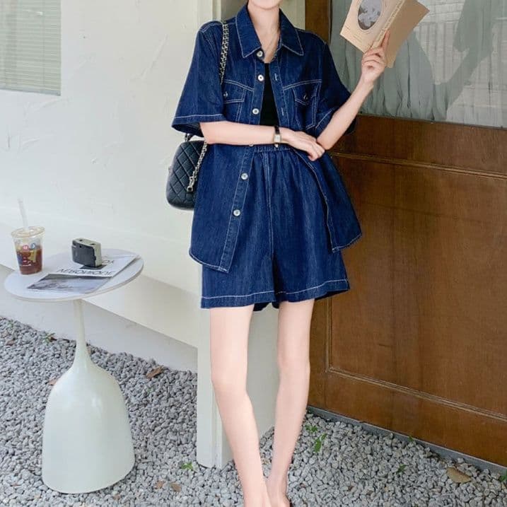 デニムセットアップ ネイビー半袖シャツ&ショートパンツ 小柄さん向け 大人可愛いゆったり夏向け上下セット