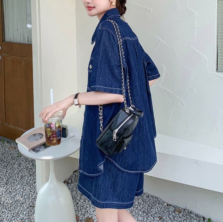 デニムセットアップ ネイビー半袖シャツ&ショートパンツ 小柄さん向け 大人可愛いゆったり夏向け上下セット