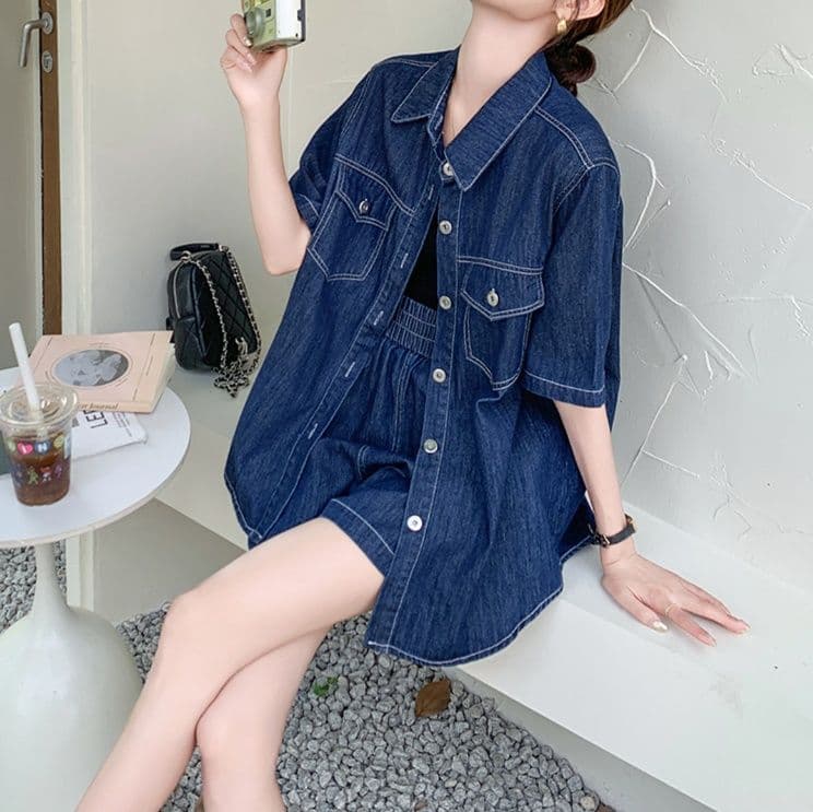 デニムセットアップ ネイビー半袖シャツ&ショートパンツ 小柄さん向け 大人可愛いゆったり夏向け上下セット